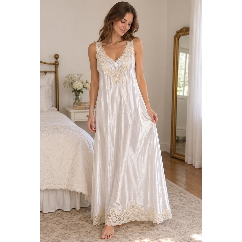 White Satin Nightgown Womens M Lace Trim Vintage 90s Sleeveless Maxi Sleepwear